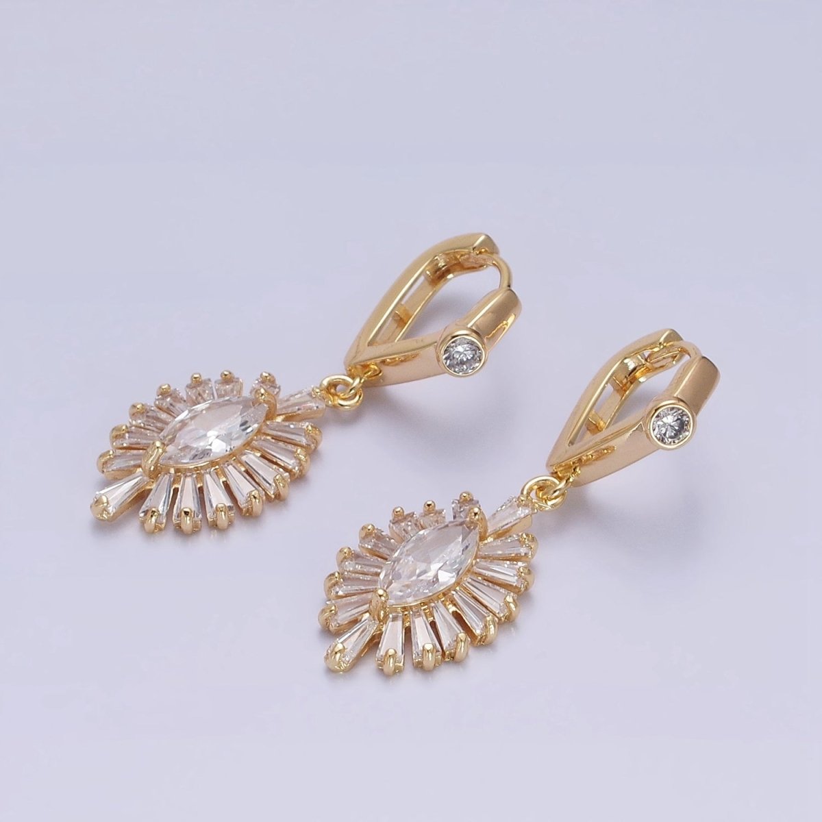 Gold, Silver Geometric Marquise Baguette Drop CZ Diamond Rhombus Huggie Earrings | AD806 AD807 - DLUXCA