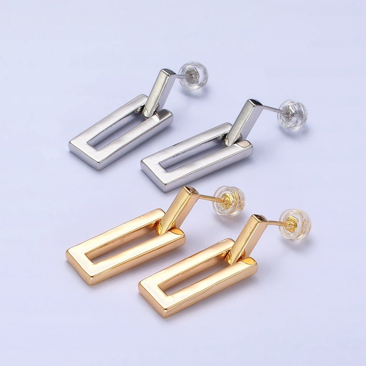 Gold, Silver Geometric Rectangular Bar Drop Dangle Stud Earrings in Gold & Silver | AB393 AB734 - DLUXCA