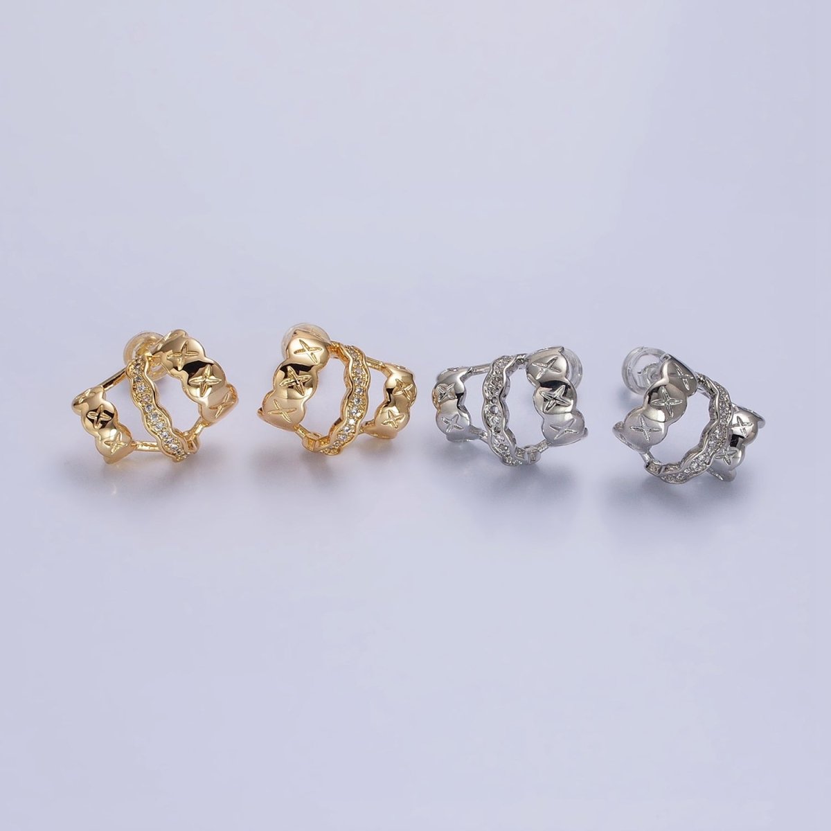 Gold, Silver Geometric Triple C-Shaped Cross X Micro Paved CZ Band Stud Earrings | AB583 AB584 - DLUXCA