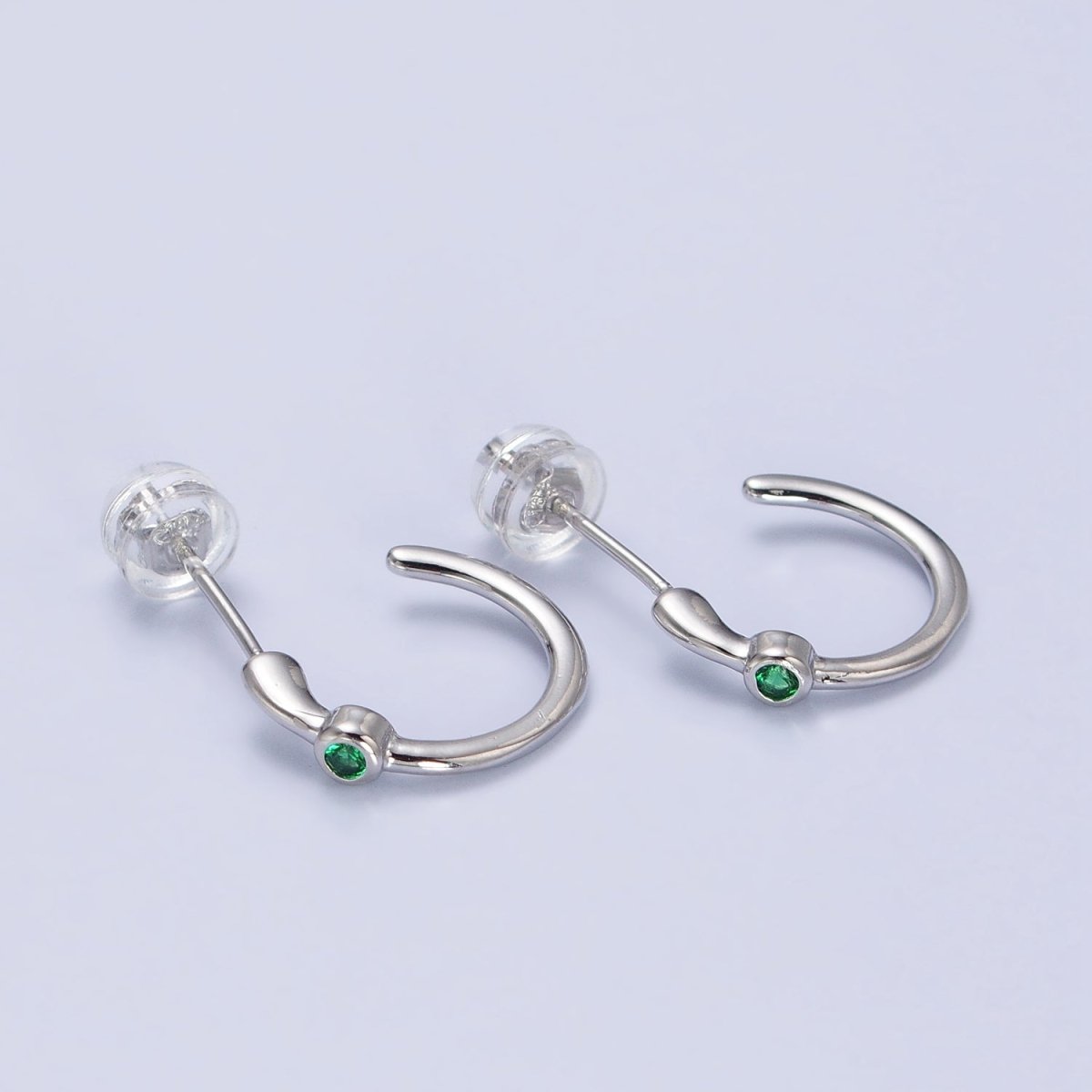 Gold, Silver Green CZ C-Shaped 14mm Minimalist Hoop Earrings in Gold & Silver | AB377 AB400 - DLUXCA