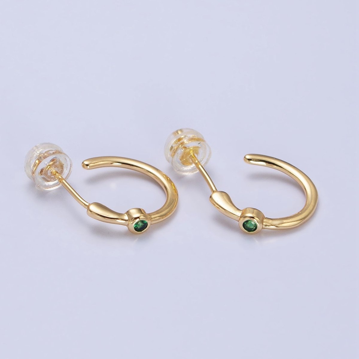 Gold, Silver Green CZ C-Shaped 14mm Minimalist Hoop Earrings in Gold & Silver | AB377 AB400 - DLUXCA