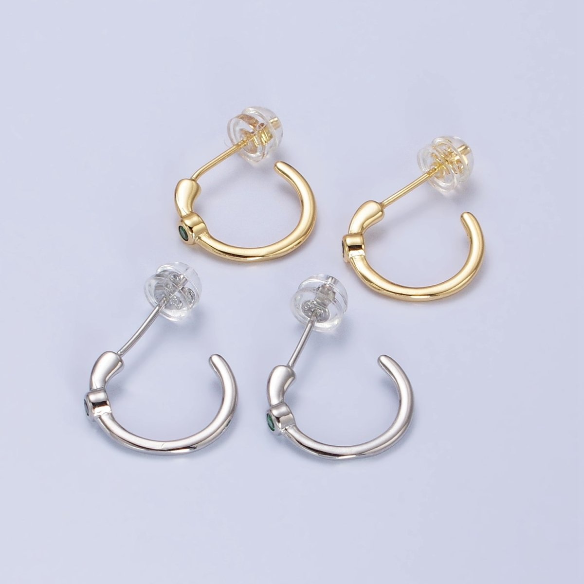 Gold, Silver Green CZ C-Shaped 14mm Minimalist Hoop Earrings in Gold & Silver | AB377 AB400 - DLUXCA