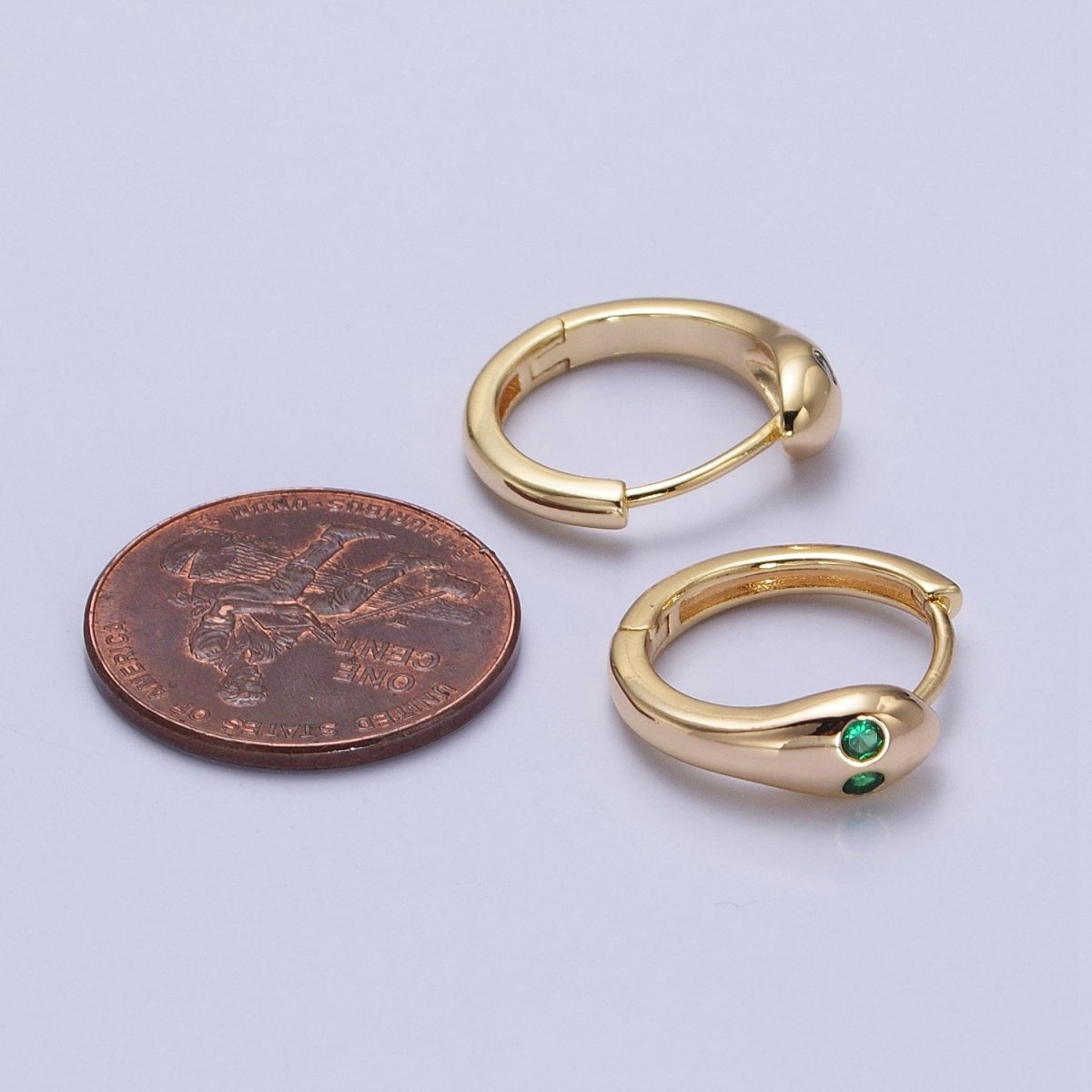Gold, Silver Green-Eyed CZ Snake Serpent Minimalist Huggie Earrings | AB557 AB558 - DLUXCA