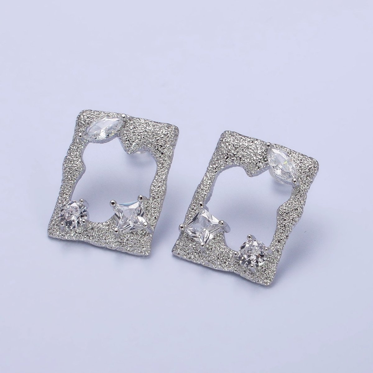 Gold, Silver Hammered Rectangular Textured Clear CZ Open Abstract Stud Earrings | AB479 AB488 - DLUXCA