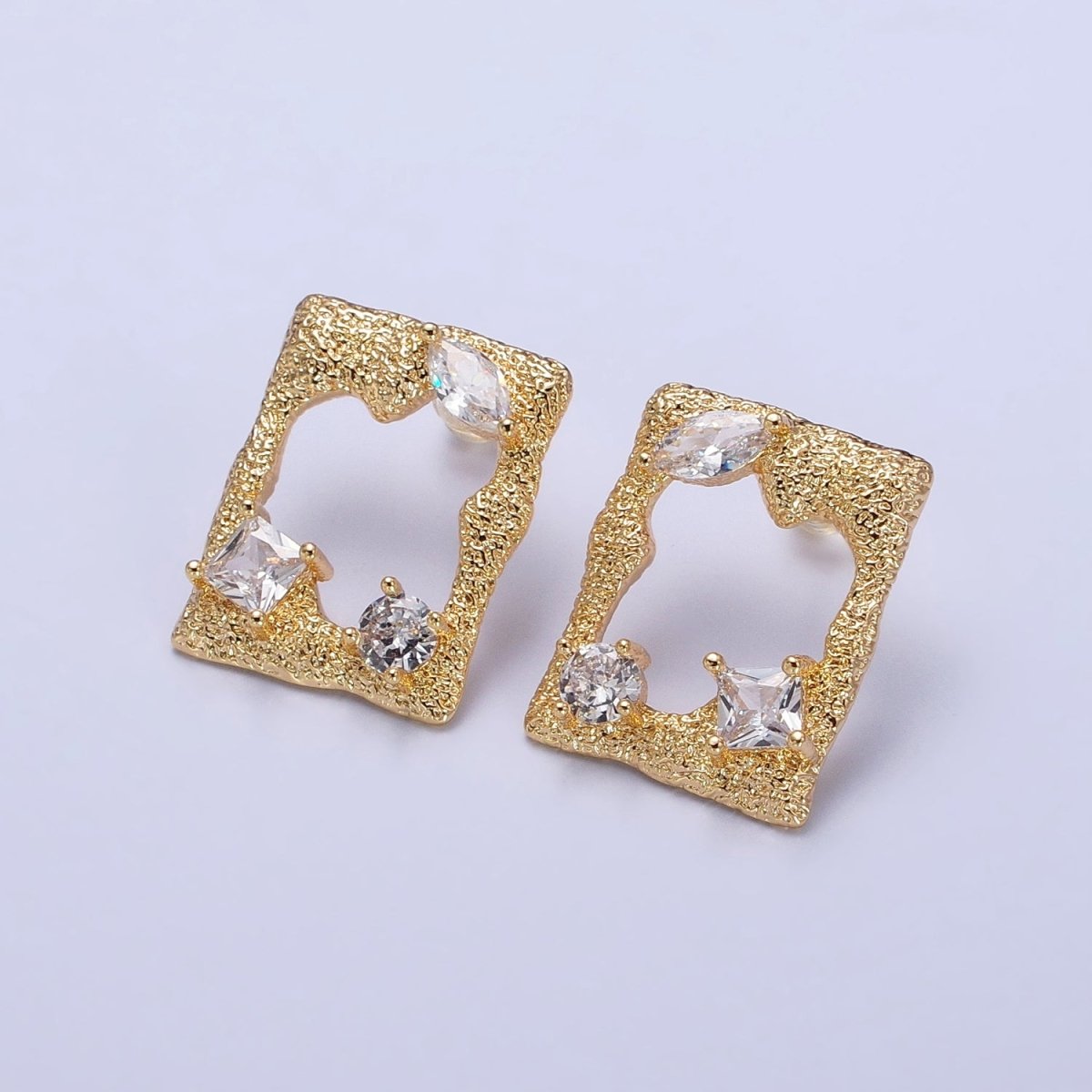 Gold, Silver Hammered Rectangular Textured Clear CZ Open Abstract Stud Earrings | AB479 AB488 - DLUXCA