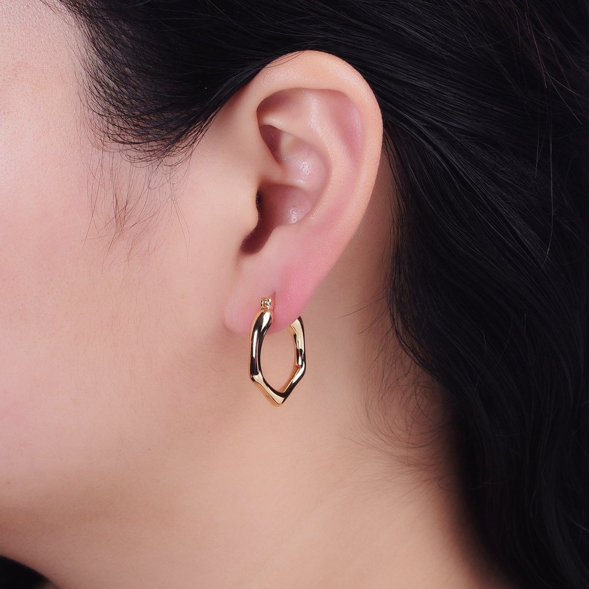 Gold, Silver Hexagonal Abstract Geometric 25mm Latch French Lock Hoop Earrings | AB916 AB444 - DLUXCA