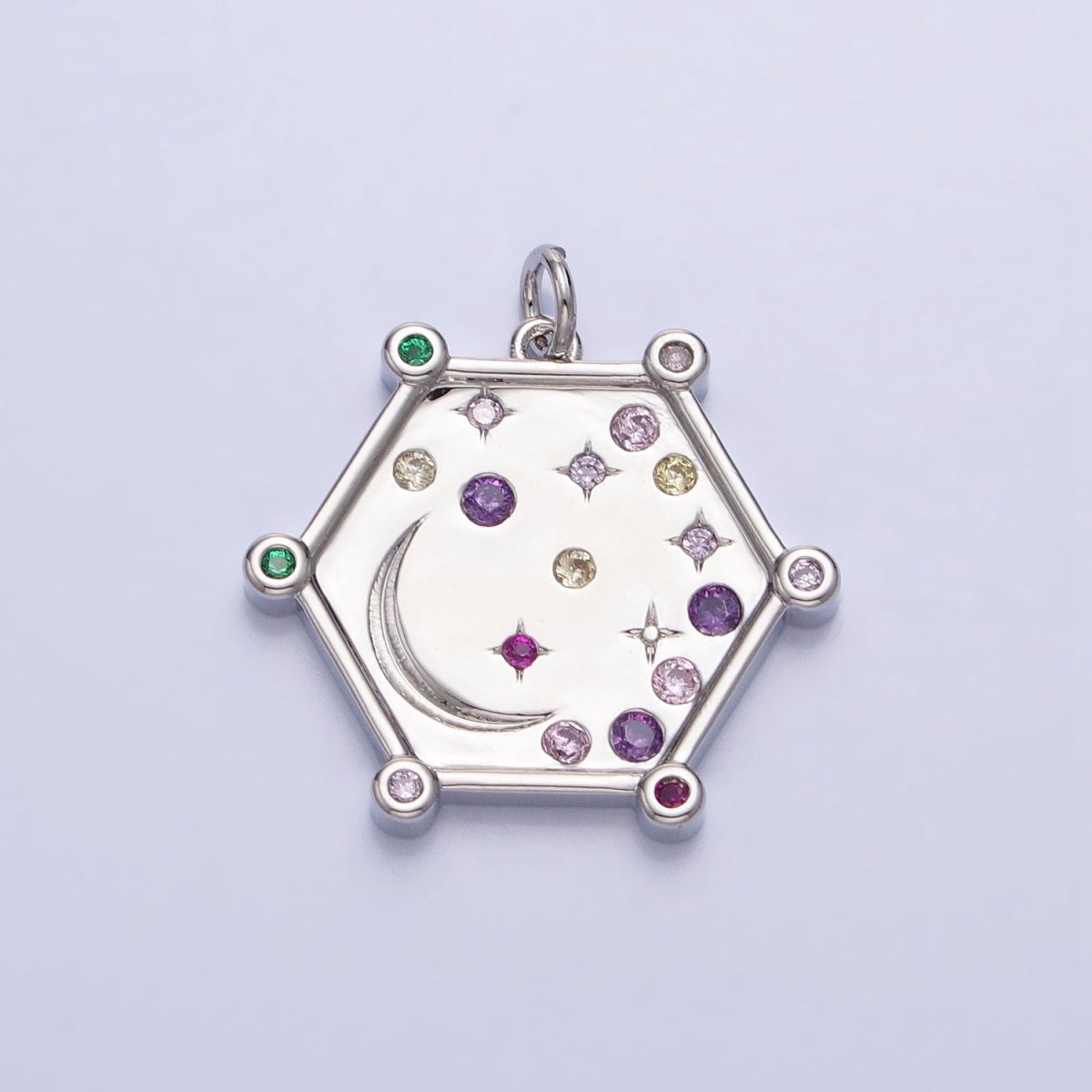 Gold, Silver Hexagonal Celestial Moon Clear, Pink & Green, Purple & Yellow Multicolor Charm | AC695 - AC696 - DLUXCA