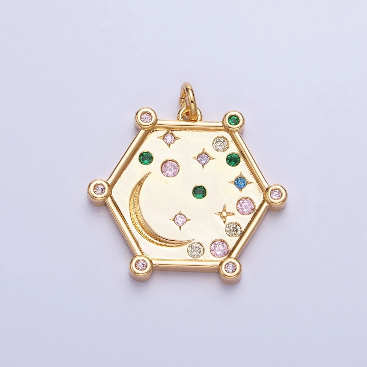 Gold, Silver Hexagonal Celestial Moon Clear, Pink & Green, Purple & Yellow Multicolor Charm | AC695 - AC696 - DLUXCA