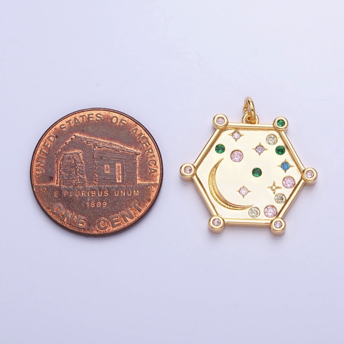 Gold, Silver Hexagonal Celestial Moon Clear, Pink & Green, Purple & Yellow Multicolor Charm | AC695 - AC696 - DLUXCA