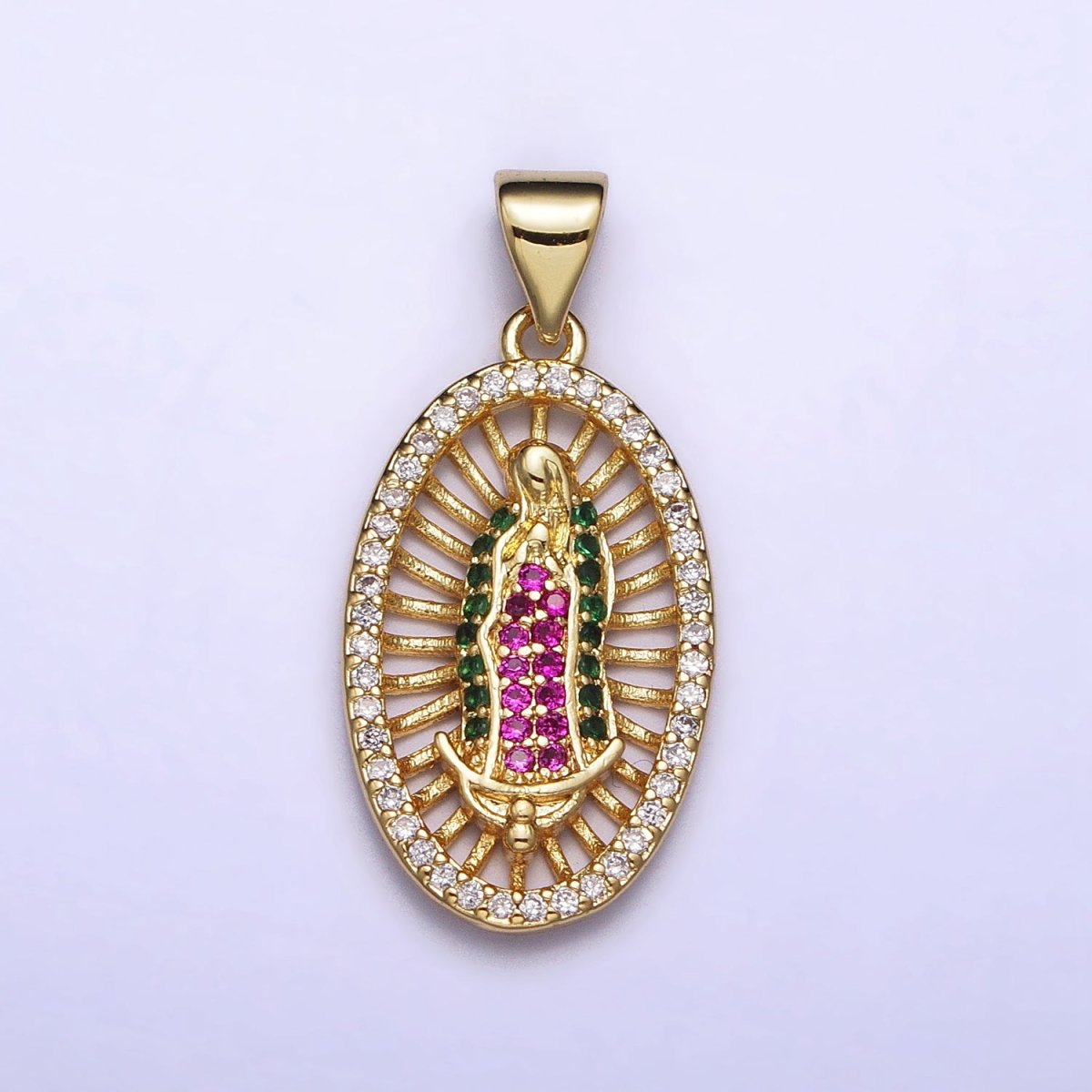 Gold, Silver Mary Lady Guadalupe Multicolor Micro Paved CZ Oval Pendant | AA409 AA410 - DLUXCA