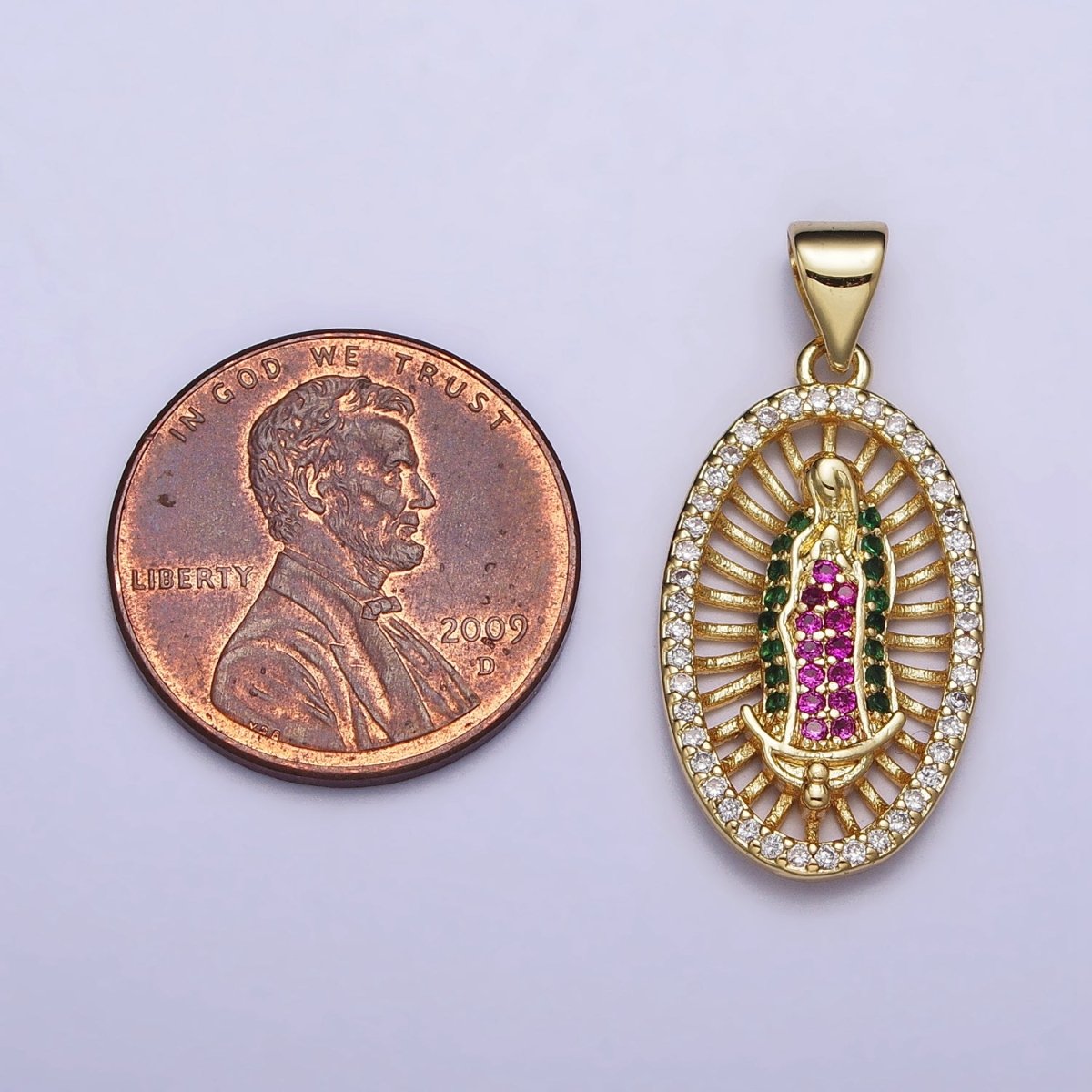 Gold, Silver Mary Lady Guadalupe Multicolor Micro Paved CZ Oval Pendant | AA409 AA410 - DLUXCA