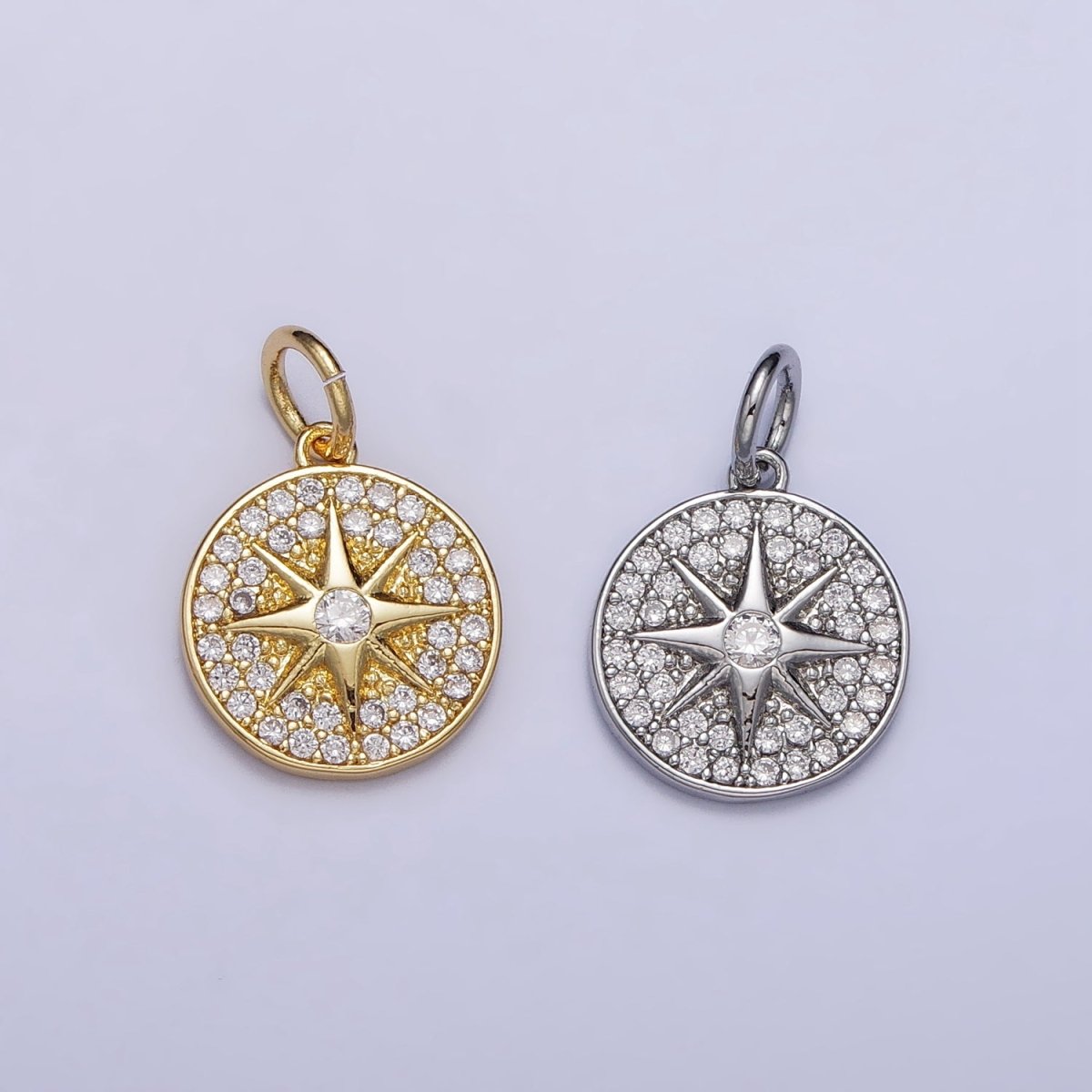 Gold, Silver Micro Paved Celestial North Star Round Coin Charm in Gold & Silver | AC1003 AC1004 - DLUXCA