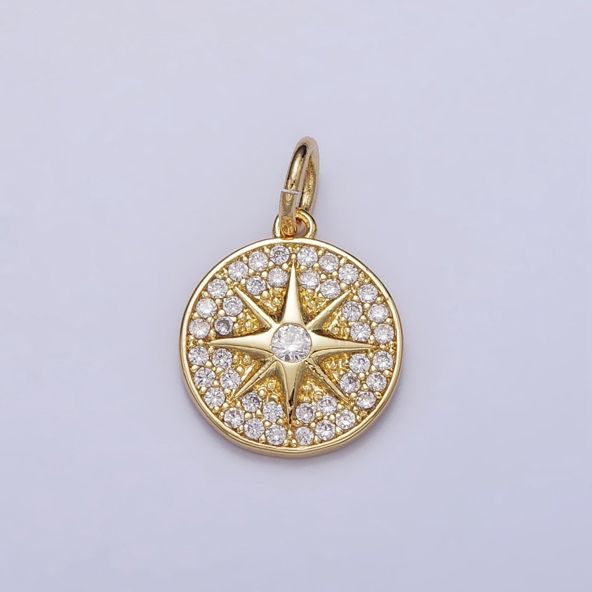 Gold, Silver Micro Paved Celestial North Star Round Coin Charm in Gold & Silver | AC1003 AC1004 - DLUXCA