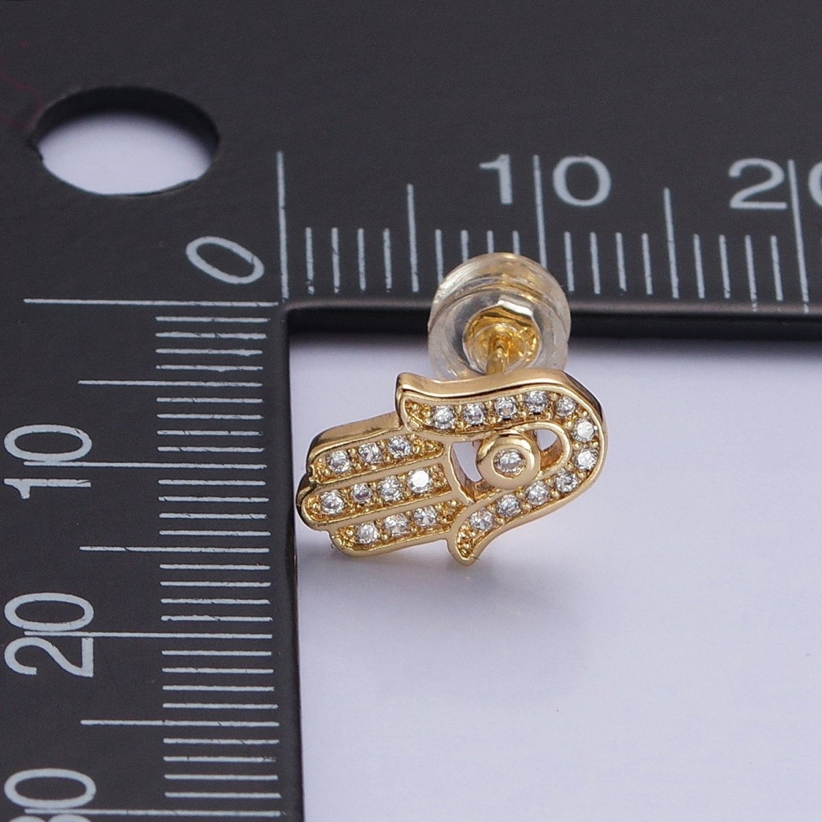 Gold, Silver Micro Paved Clear CZ Protection Hamsa Hand Evil Eye Stud Earrings | AB1012 AB1013 - DLUXCA