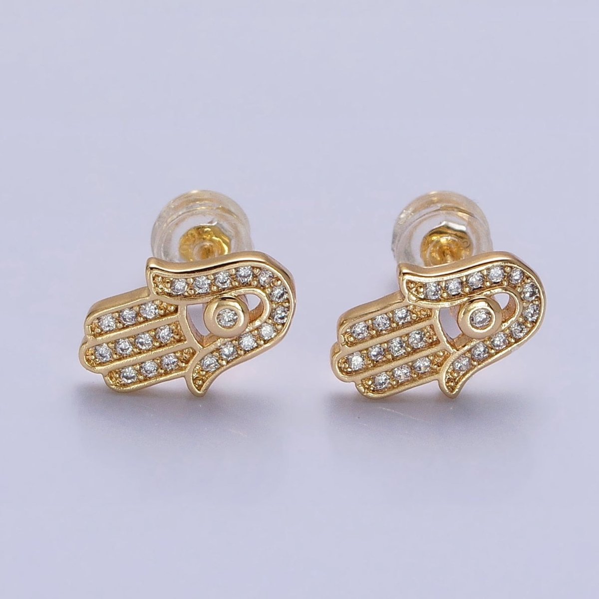 Gold, Silver Micro Paved Clear CZ Protection Hamsa Hand Evil Eye Stud Earrings | AB1012 AB1013 - DLUXCA