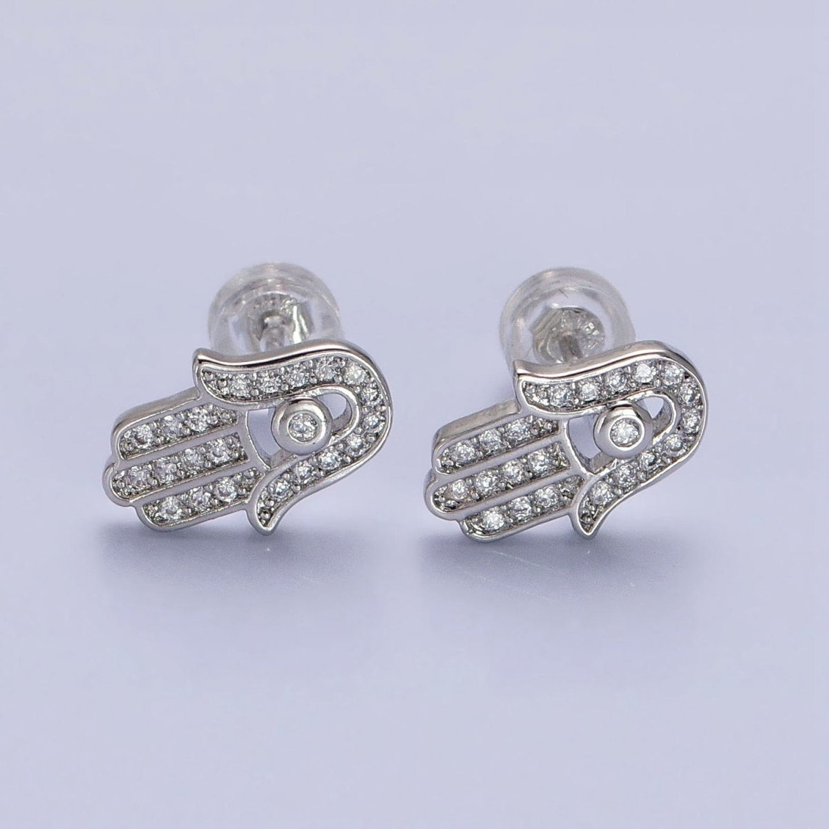 Gold, Silver Micro Paved Clear CZ Protection Hamsa Hand Evil Eye Stud Earrings | AB1012 AB1013 - DLUXCA