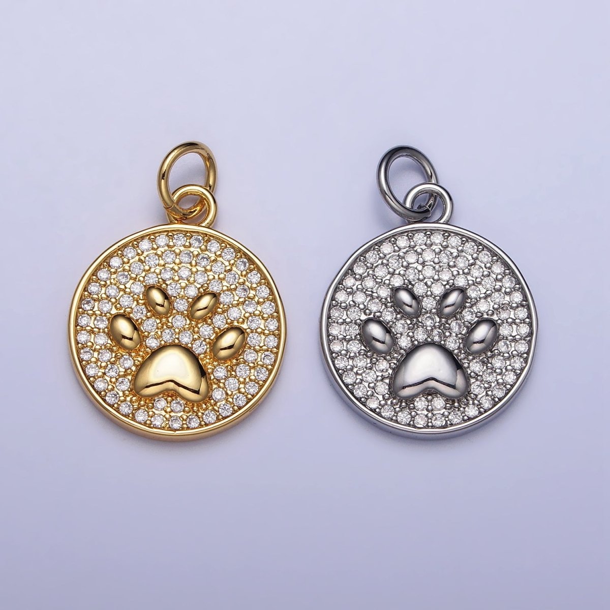 Gold, Silver Micro Paved CZ Animal Pet Pawprint Round Charm | AC1005 AC1006 - DLUXCA