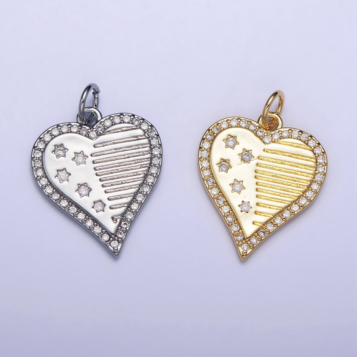 Gold, Silver Micro Paved CZ Celestial Star Sun Half Lined Heart Charm | AC993 AC994 - DLUXCA