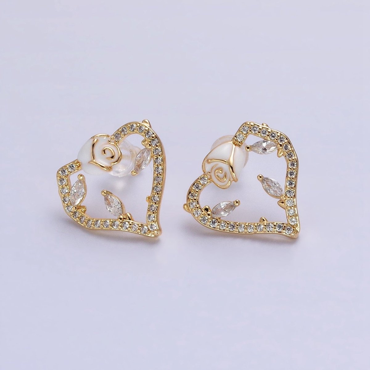 Gold, Silver Micro Paved CZ Geometric Heart White Rose Flower Stud Earrings | AB599 AB600 - DLUXCA