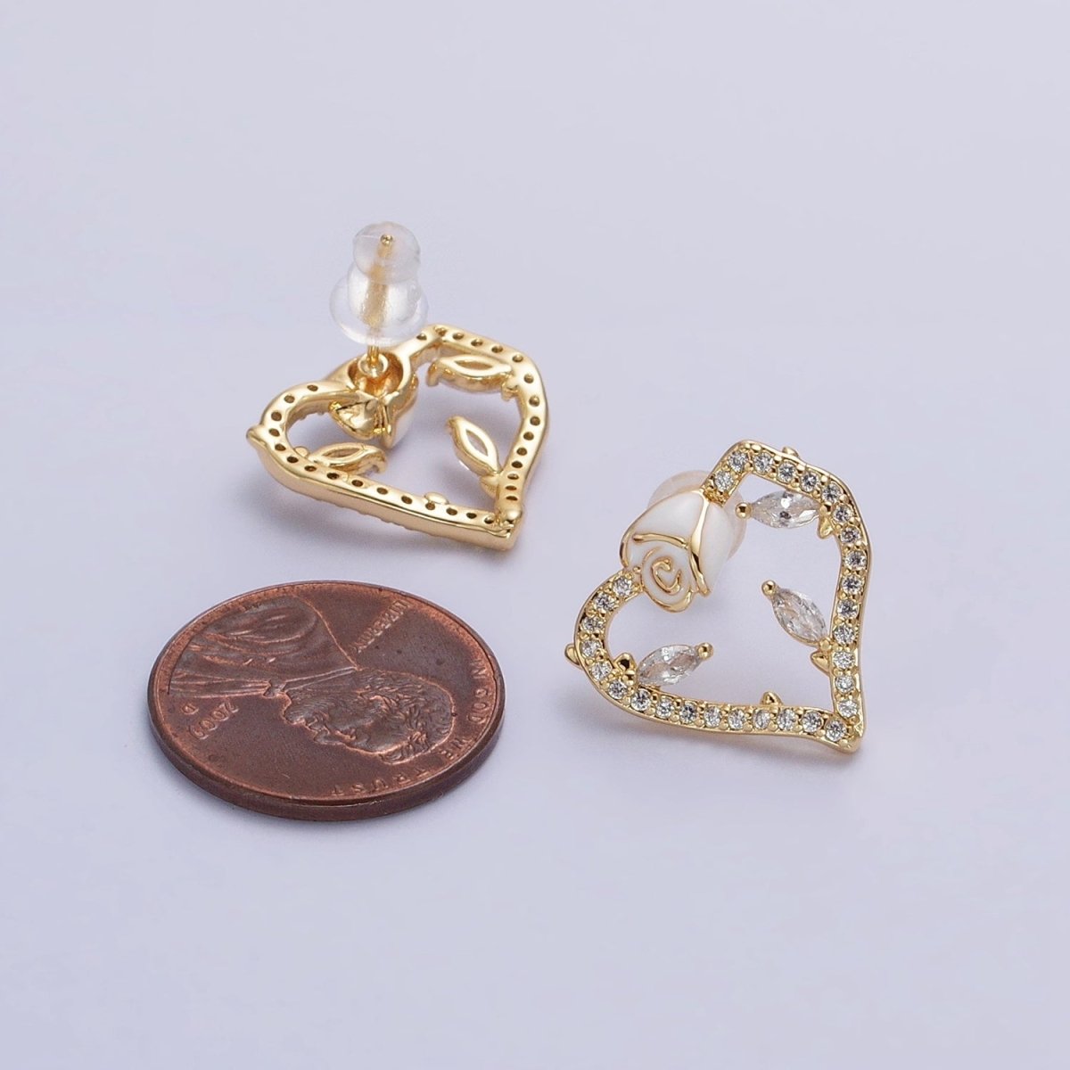 Gold, Silver Micro Paved CZ Geometric Heart White Rose Flower Stud Earrings | AB599 AB600 - DLUXCA