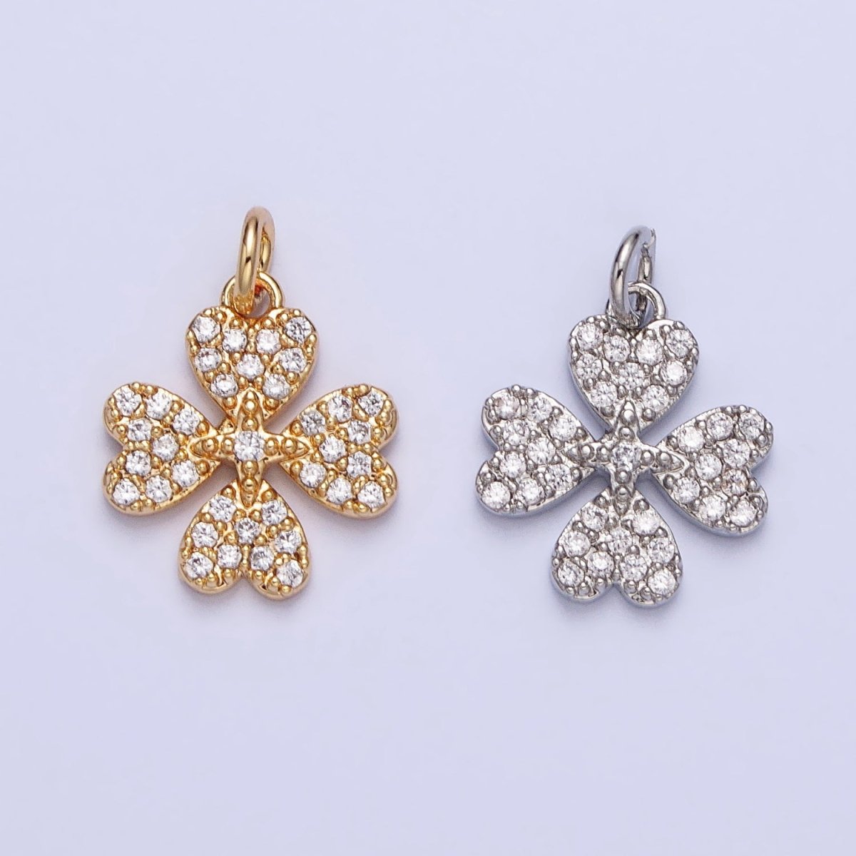 Gold, Silver Micro Paved CZ Heart Petal Clover Quatrefoil Add-On Charm | AC769 AC770 - DLUXCA