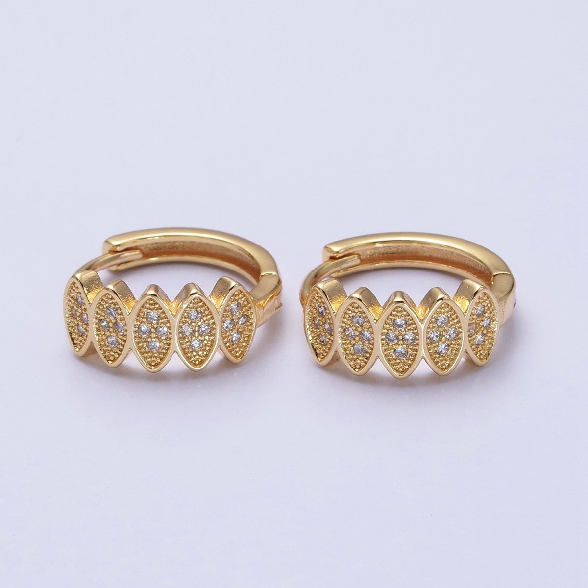 Gold, Silver Micro Paved CZ Marquise Geometric Lined 15mm Huggie Earrings | AB505 AB511 - DLUXCA