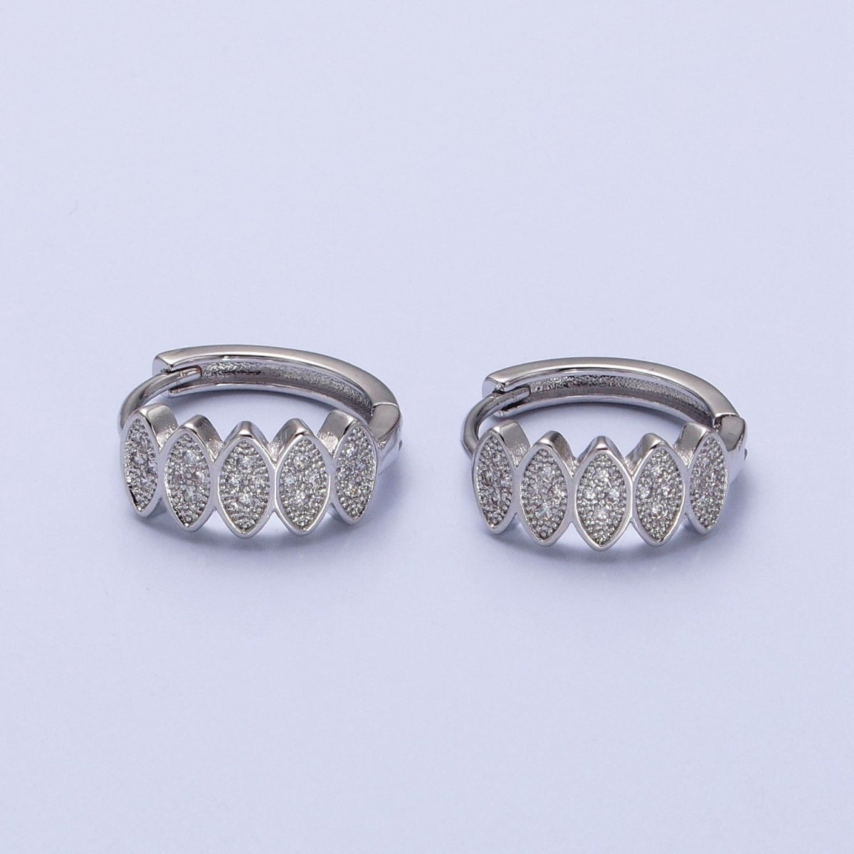 Gold, Silver Micro Paved CZ Marquise Geometric Lined 15mm Huggie Earrings | AB505 AB511 - DLUXCA