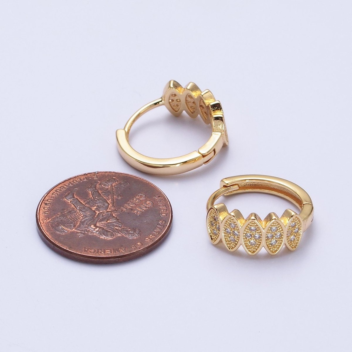 Gold, Silver Micro Paved CZ Marquise Geometric Lined 15mm Huggie Earrings | AB505 AB511 - DLUXCA