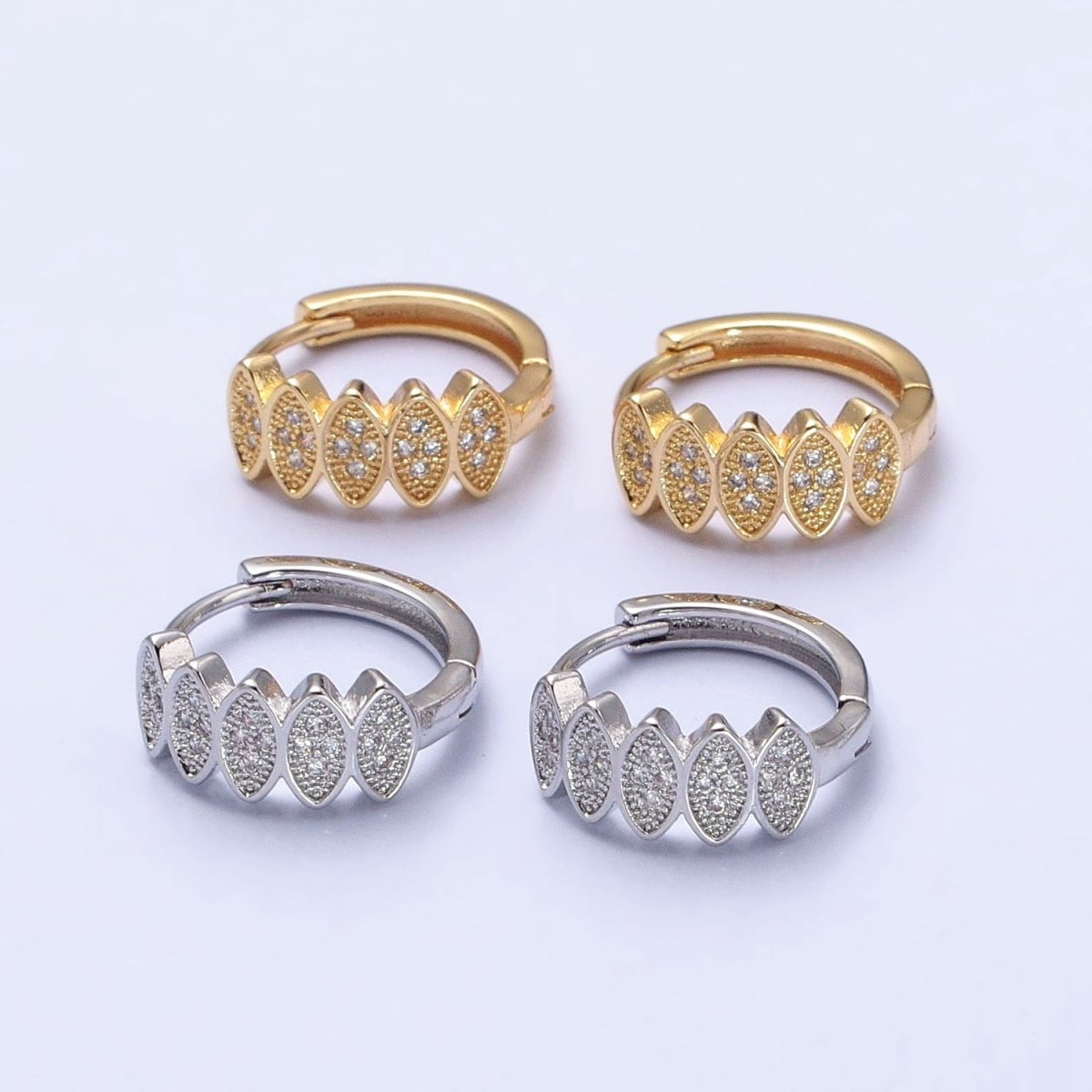 Gold, Silver Micro Paved CZ Marquise Geometric Lined 15mm Huggie Earrings | AB505 AB511 - DLUXCA