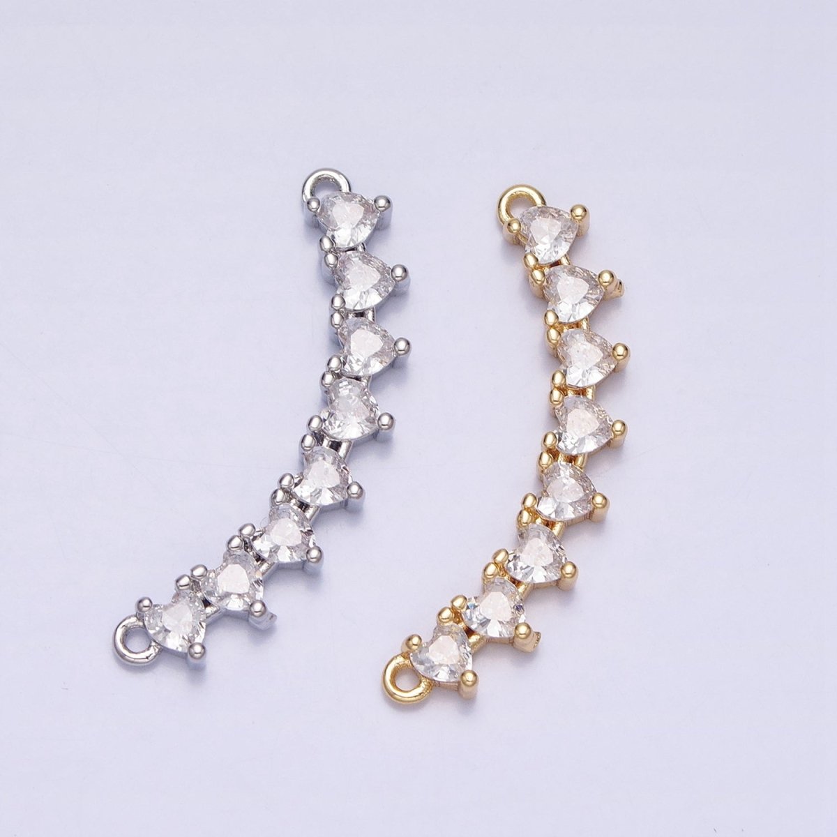 Gold, Silver Mini Clear Heart CZ Lined 27.5mm Curved Connector | AA964 AA965 - DLUXCA