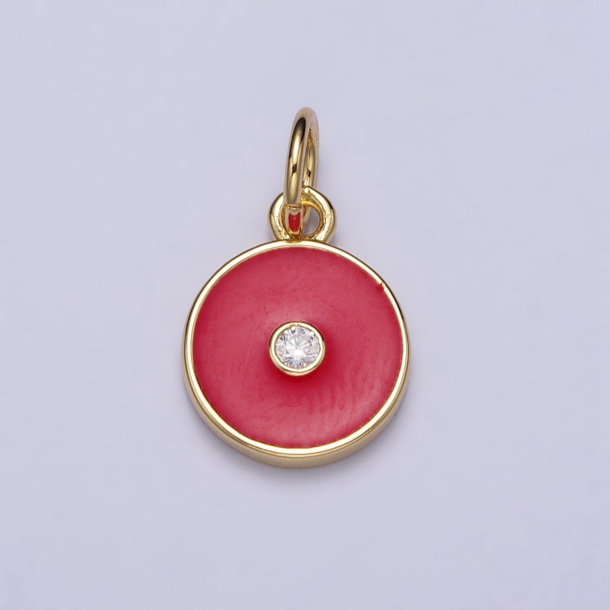 Gold, Silver Minimalist Red, Pink, Blue Enamel Clear CZ Round Coin Charm | AC1024 - AC1029 - DLUXCA