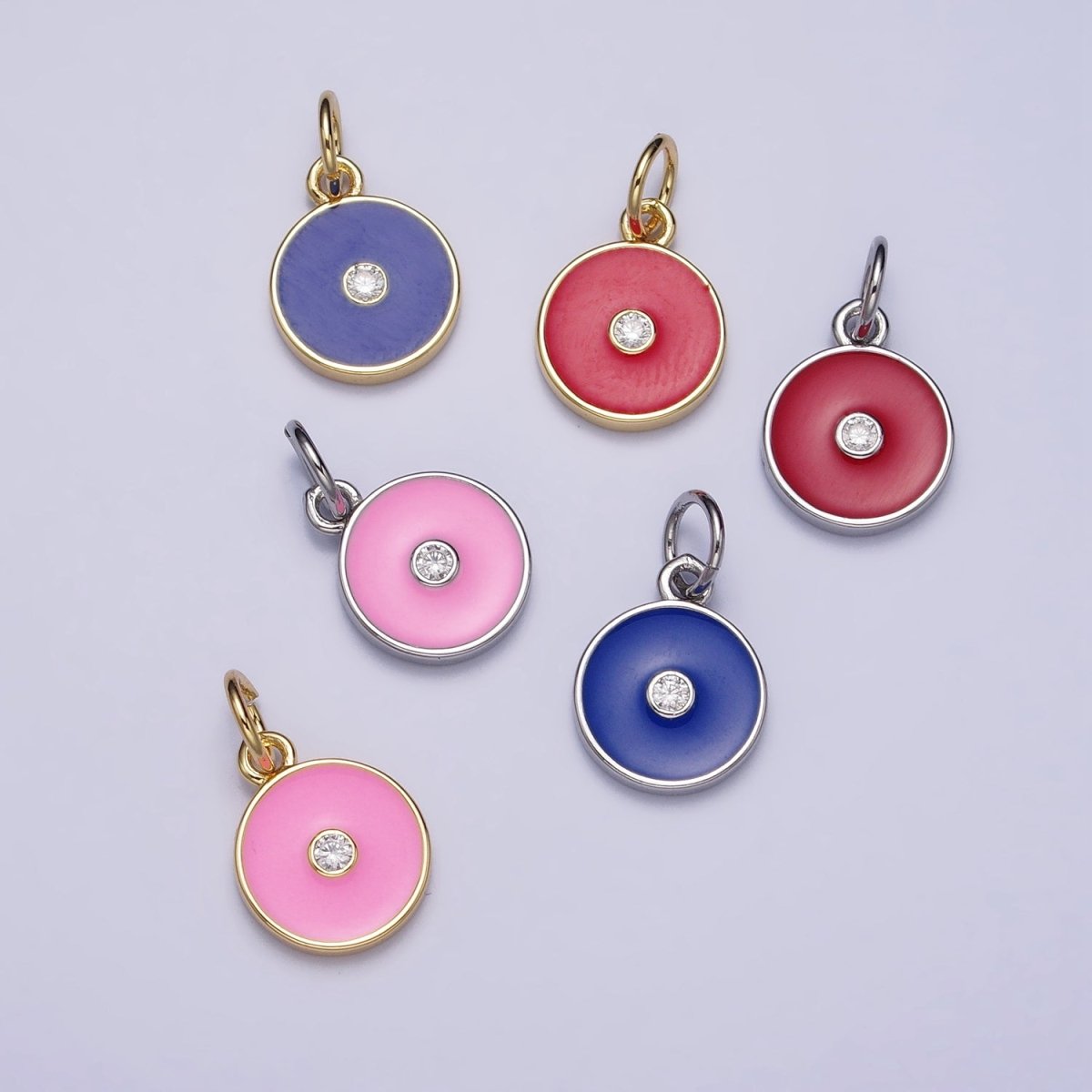 Gold, Silver Minimalist Red, Pink, Blue Enamel Clear CZ Round Coin Charm | AC1024 - AC1029 - DLUXCA