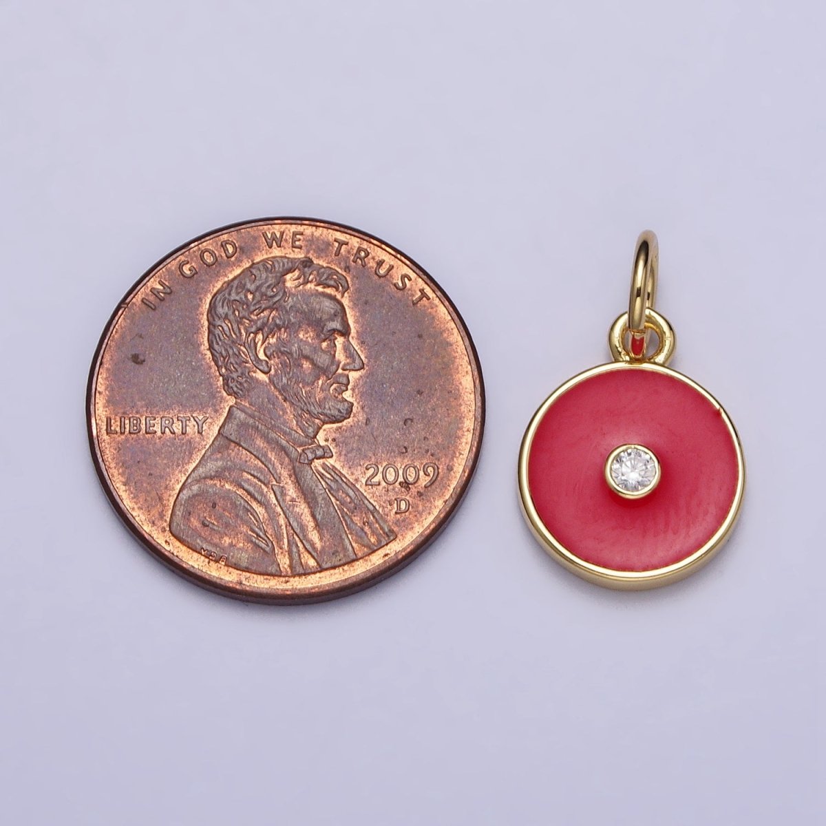 Gold, Silver Minimalist Red, Pink, Blue Enamel Clear CZ Round Coin Charm | AC1024 - AC1029 - DLUXCA