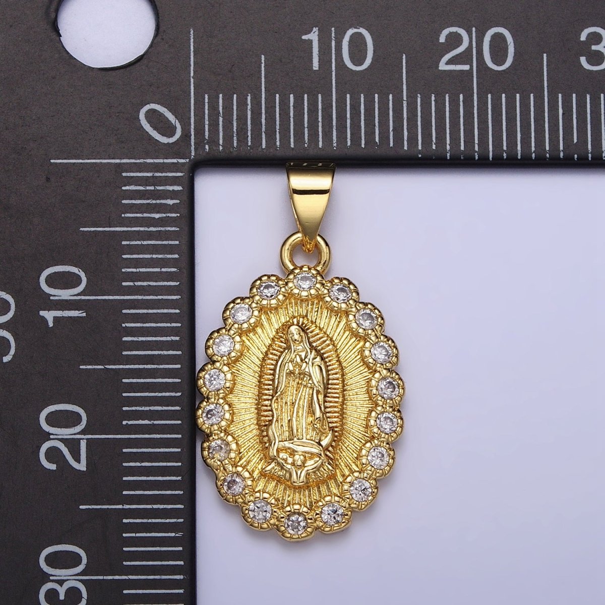 Gold, Silver Mother Mary Lady Guadalupe Lined Clear Round CZ Oval Pendant | AA393 AA406 - DLUXCA