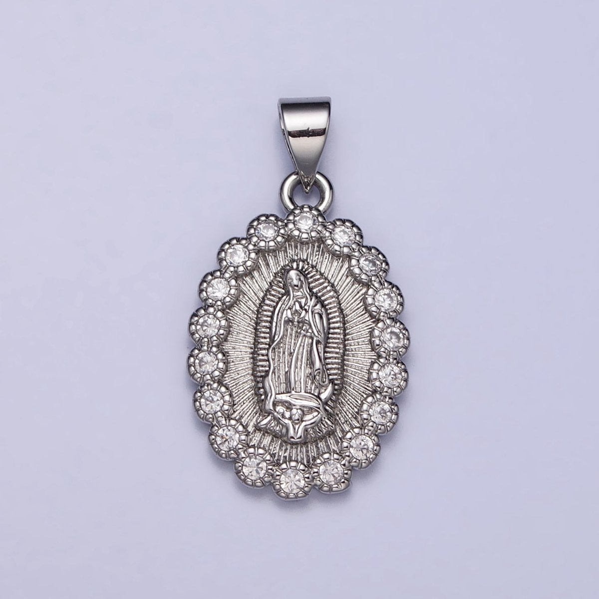 Gold, Silver Mother Mary Lady Guadalupe Lined Clear Round CZ Oval Pendant | AA393 AA406 - DLUXCA