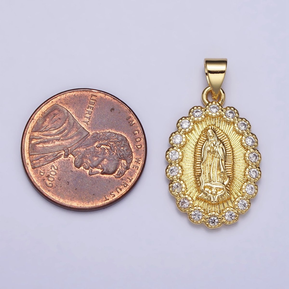 Gold, Silver Mother Mary Lady Guadalupe Lined Clear Round CZ Oval Pendant | AA393 AA406 - DLUXCA