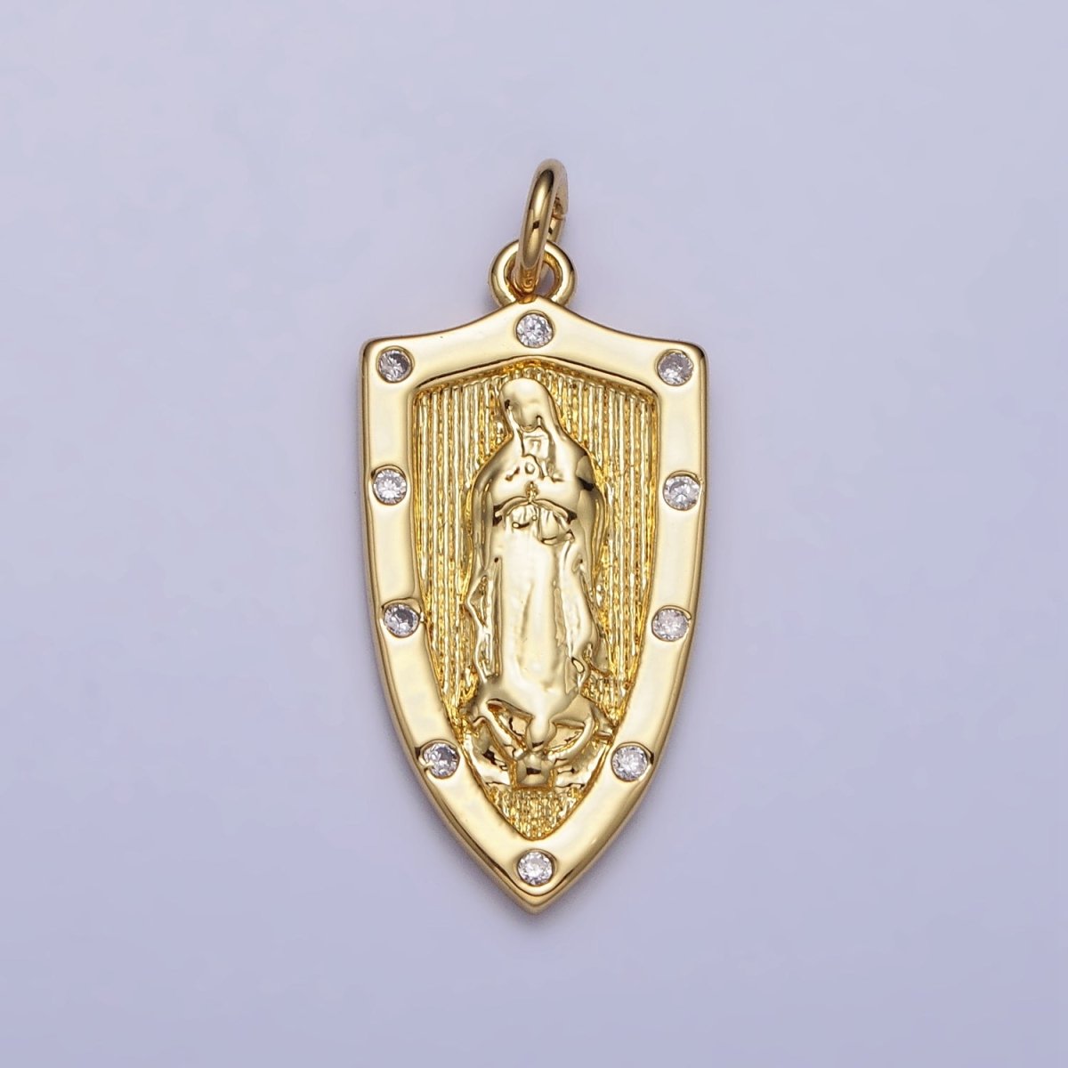 Gold, Silver Mother Mary Lady Guadalupe Lined CZ Dotted Shield Charm | AC975 AC1010 - DLUXCA