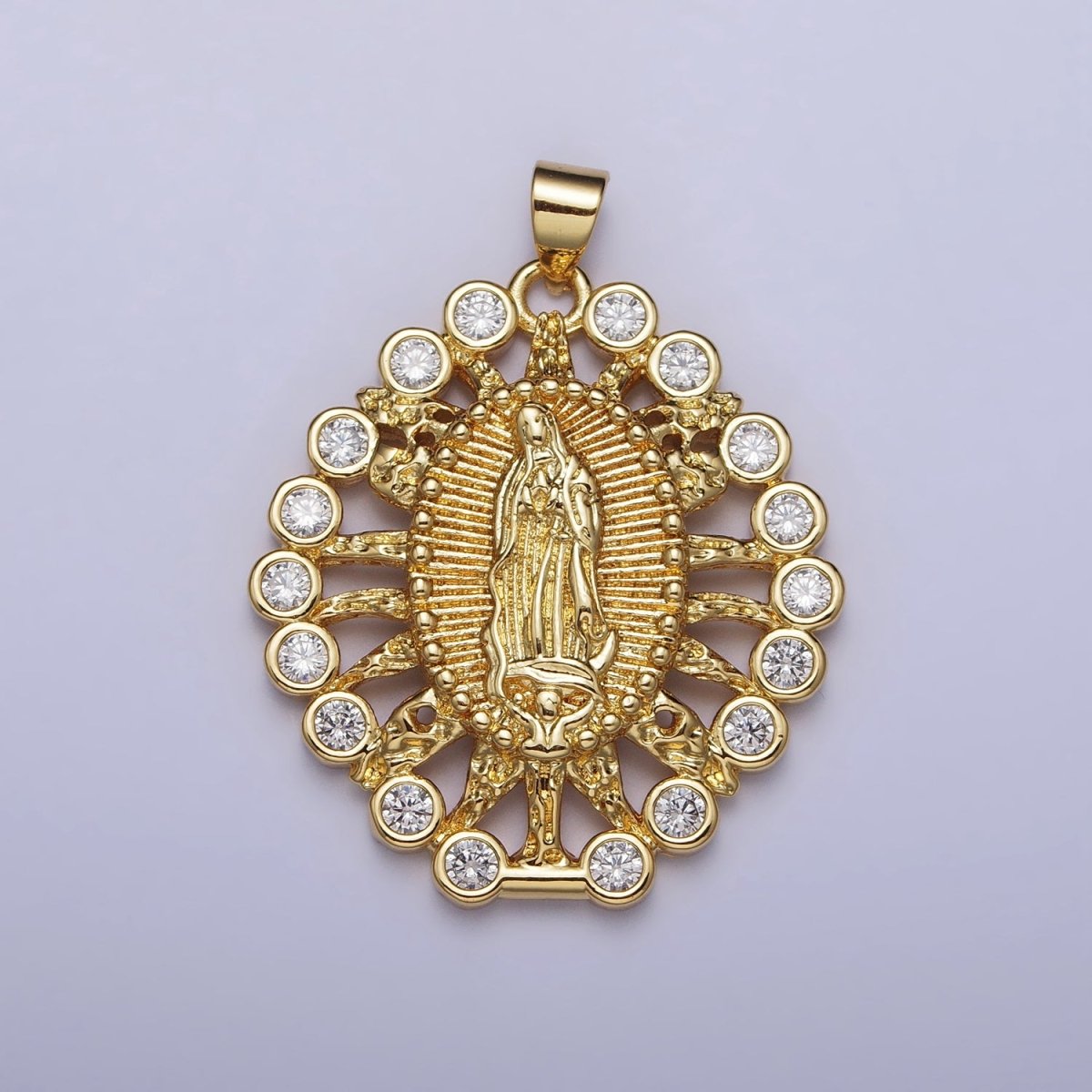 Gold, Silver Mother Mary Lady Guadalupe Lined Molten Clear Round CZ Pendant | AA403 AA404 - DLUXCA