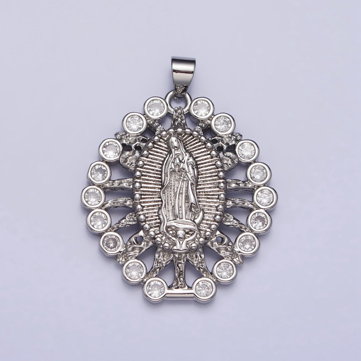 Gold, Silver Mother Mary Lady Guadalupe Lined Molten Clear Round CZ Pendant | AA403 AA404 - DLUXCA