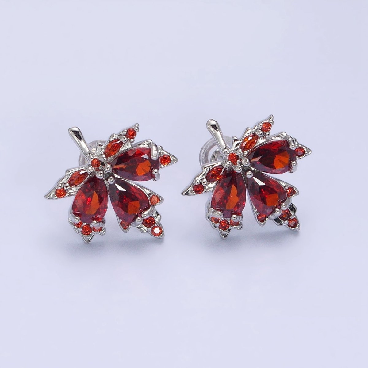Gold, Silver Nature Brunt Orange Red CZ Maple Autumn Leaf Stud Earrings | AB591 AB592 - DLUXCA