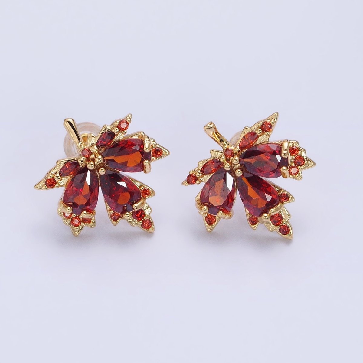 Gold, Silver Nature Brunt Orange Red CZ Maple Autumn Leaf Stud Earrings | AB591 AB592 - DLUXCA