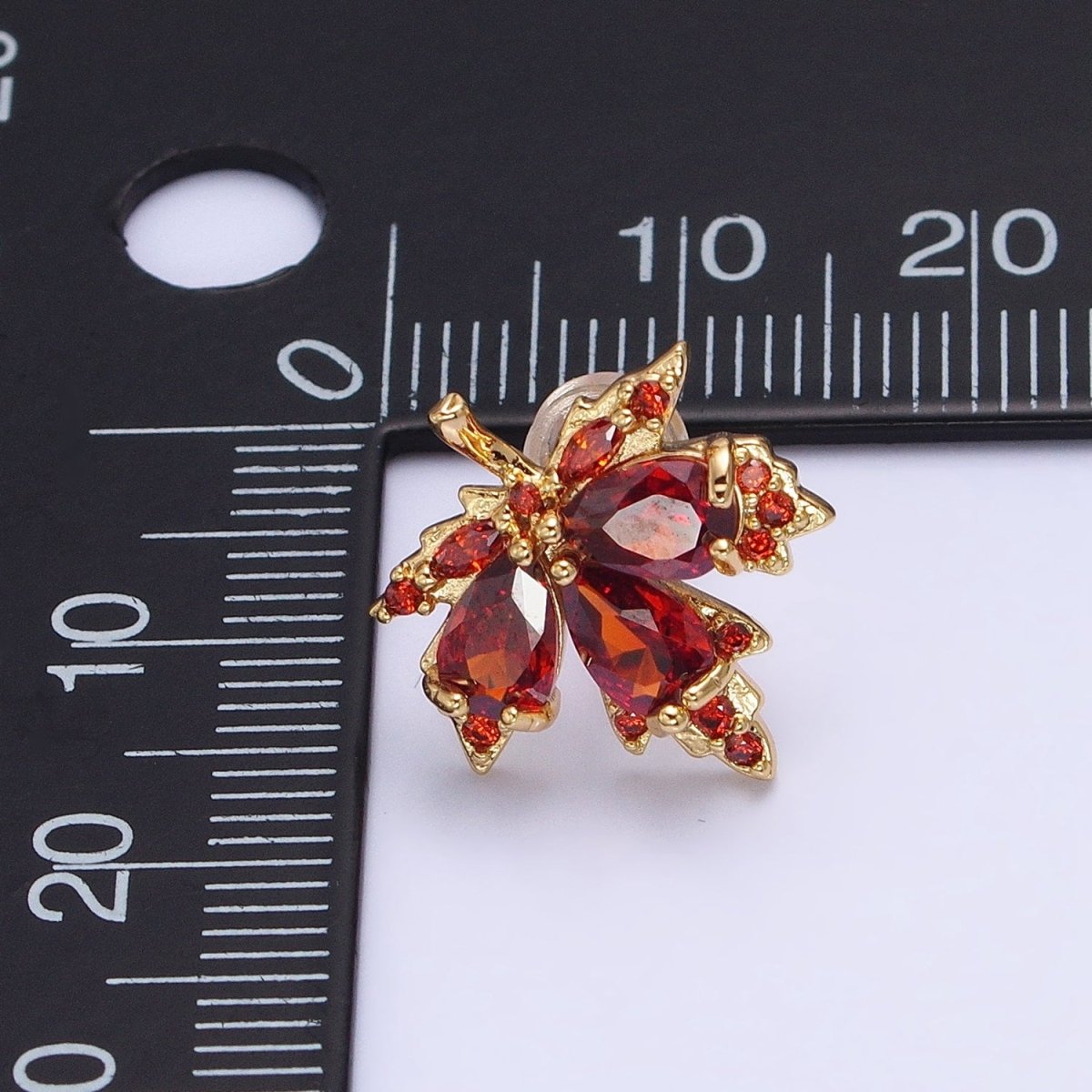 Gold, Silver Nature Brunt Orange Red CZ Maple Autumn Leaf Stud Earrings | AB591 AB592 - DLUXCA