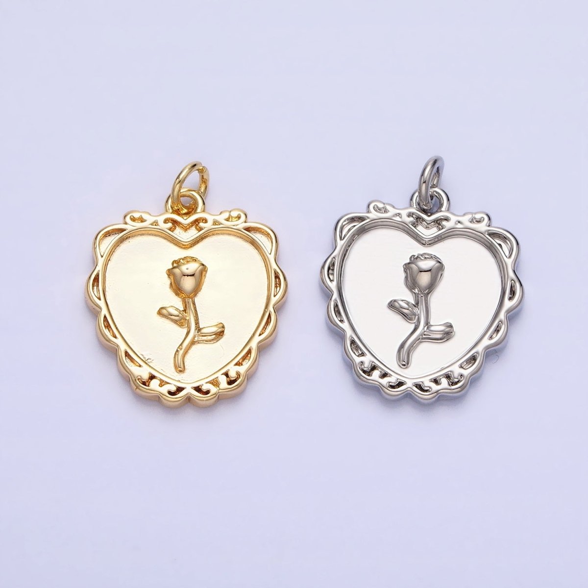 Gold, Silver Nature Rose Flower Rounded Heart Charm | AC745 AC746 - DLUXCA