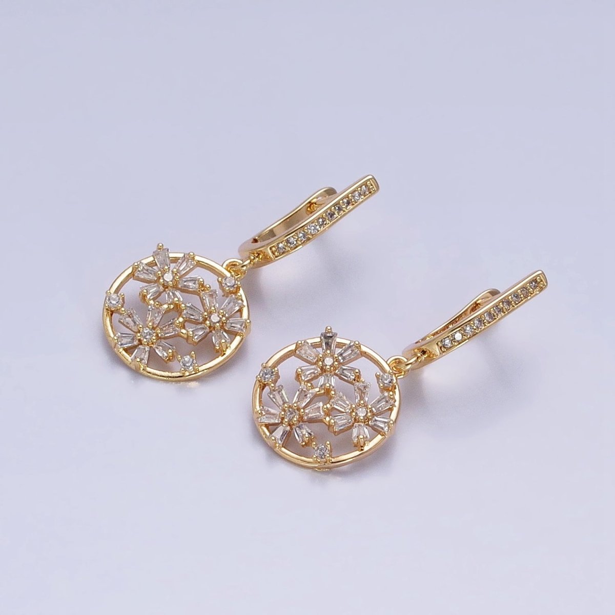 Gold, Silver Open Flowers Baguette Micro Paved CZ English Lock Earrings | AD808 AD809 - DLUXCA