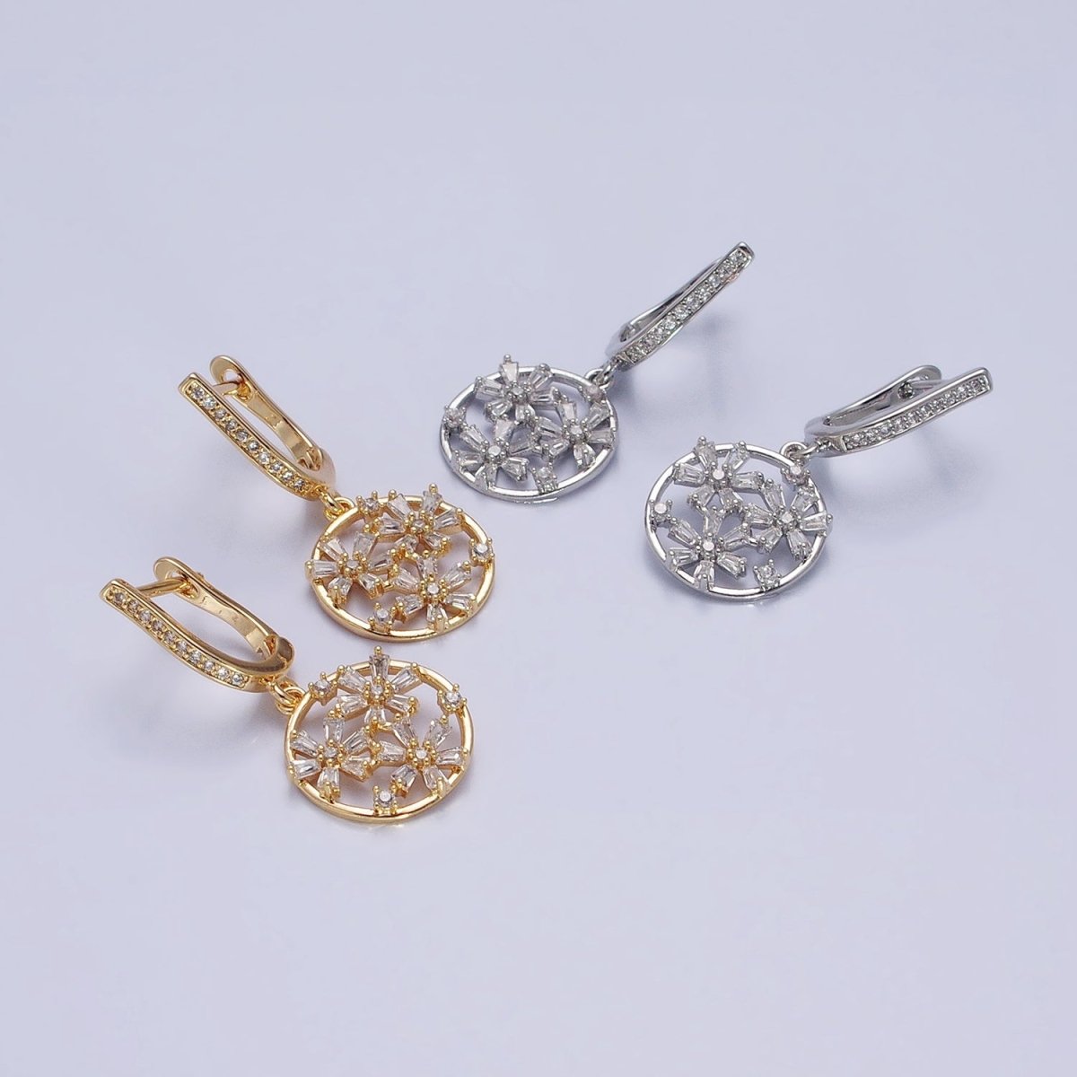 Gold, Silver Open Flowers Baguette Micro Paved CZ English Lock Earrings | AD808 AD809 - DLUXCA