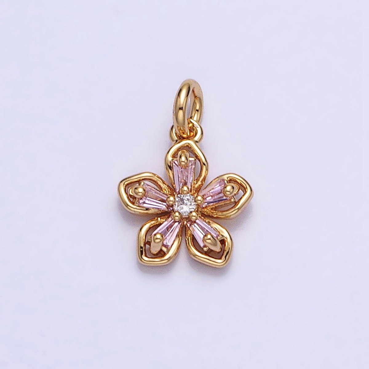 Gold, Silver Pink Baguette CZ Flower Petal Mini Add-On Charm | AC939 AC940 - DLUXCA