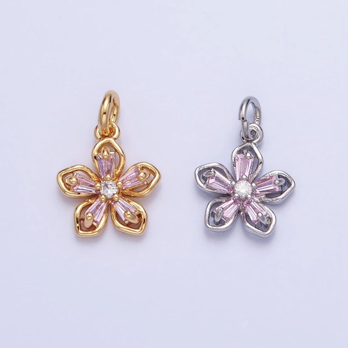 Gold, Silver Pink Baguette CZ Flower Petal Mini Add-On Charm | AC939 AC940 - DLUXCA