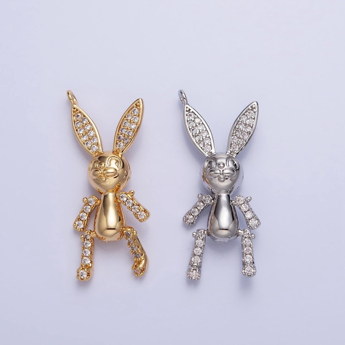 Gold, Silver Posed Bunny Rabbit Micro Paved CZ Mechanical Charm | AB779 AB780 - DLUXCA