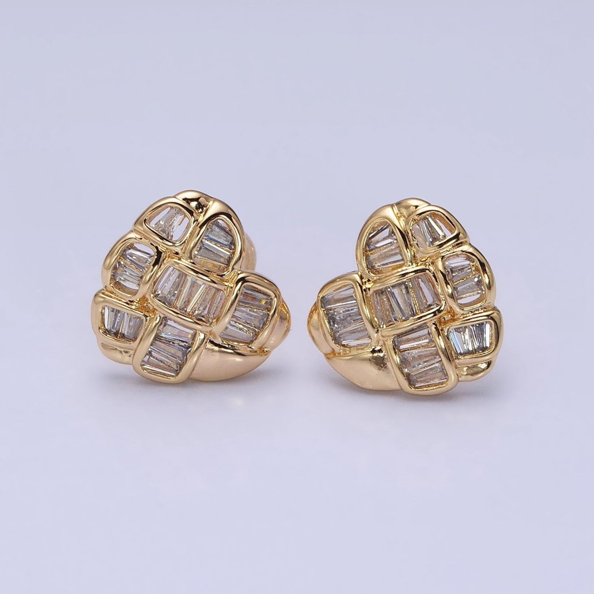 Gold, Silver Puffed Heart Clear Square Lined CZ Statement Stud Earrings in Gold & Silver | AD935 AD936 - DLUXCA