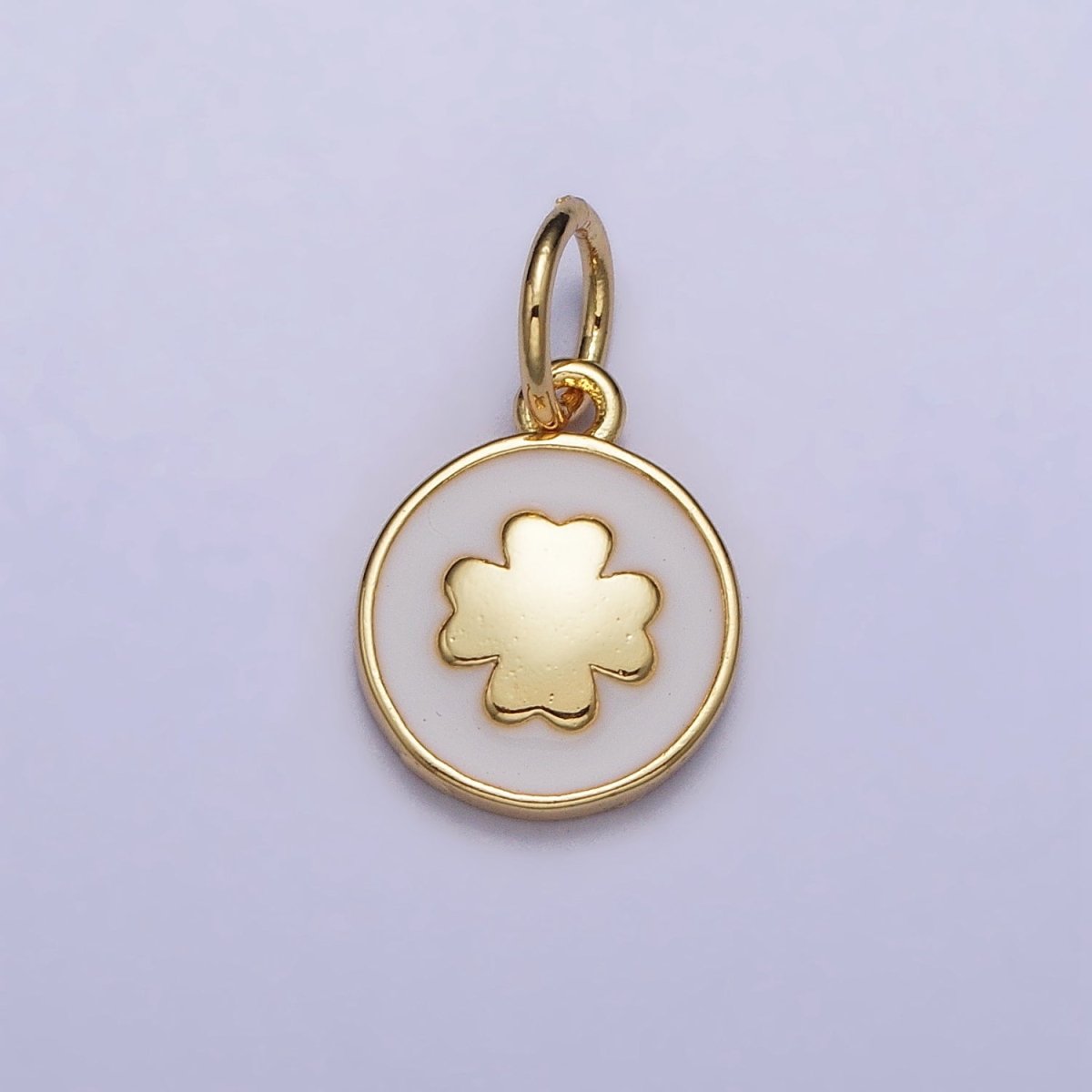 Gold, Silver Quatrefoil Clover White Enamel Round Coin Charm | AC1007 AC1008 - DLUXCA